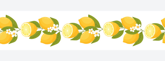 Seamless border with lemons. Horizontal ornament with lemon fruits on a branch. Illustration