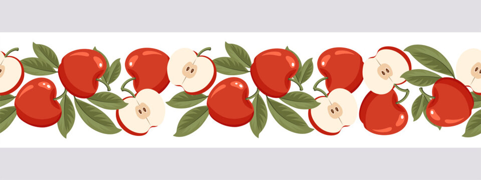 Seamless border with apples. Horizontal ornament with apple fruits with leaves. Illustration