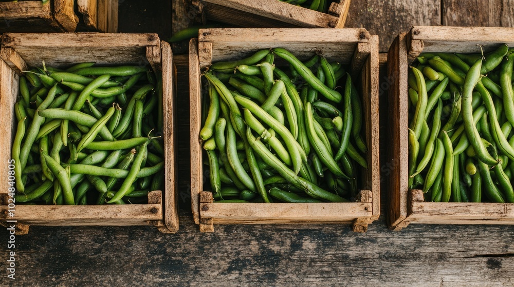 Poster close-up of freshly picked green beans in crates, with open space for text or branding