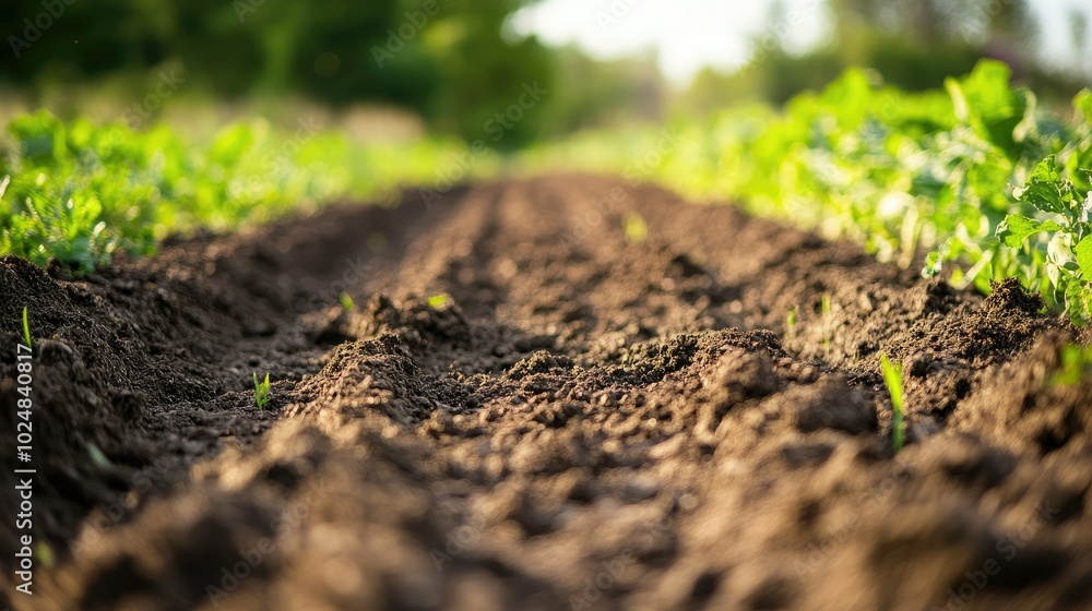 Poster close-up of freshly tilled soil, with empty space in the surrounding area for copy or branding