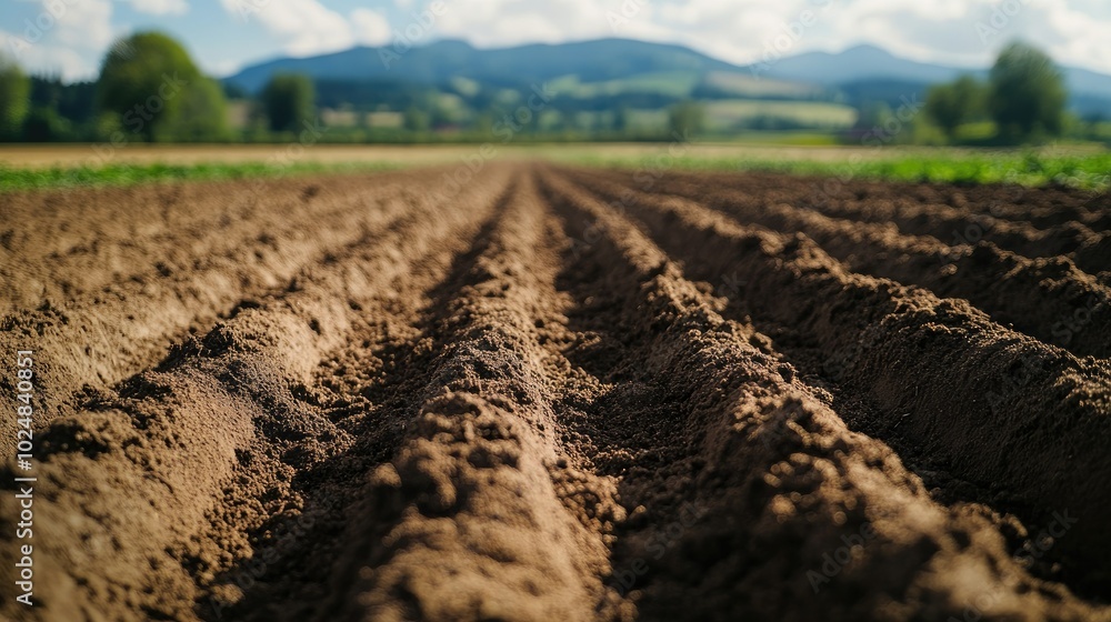 Poster close-up of freshly tilled soil, with empty space in the surrounding area for copy or branding