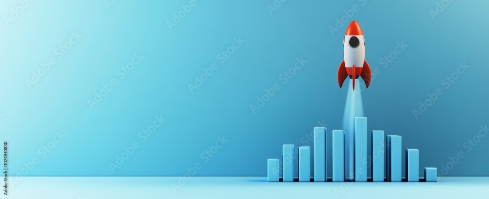 Poster an icon representing success and progress in a minimalist style with a rocket launching beside bar g
