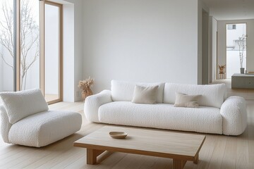 Fototapeta premium Minimalist, modern japandi interiors in the living room with tables and fluffy boucle sofas. Generative AI 