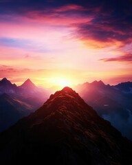 Obraz premium A breathtaking view of a majestic mountain peak silhouetted against a vibrant sunset sky. The dramatic colors and rugged terrain create an awe inspiring landscape perfect for adventure and exploration