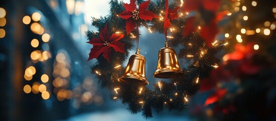Golden bells hanging from a Christmas wreath with red poinsettias and lights.