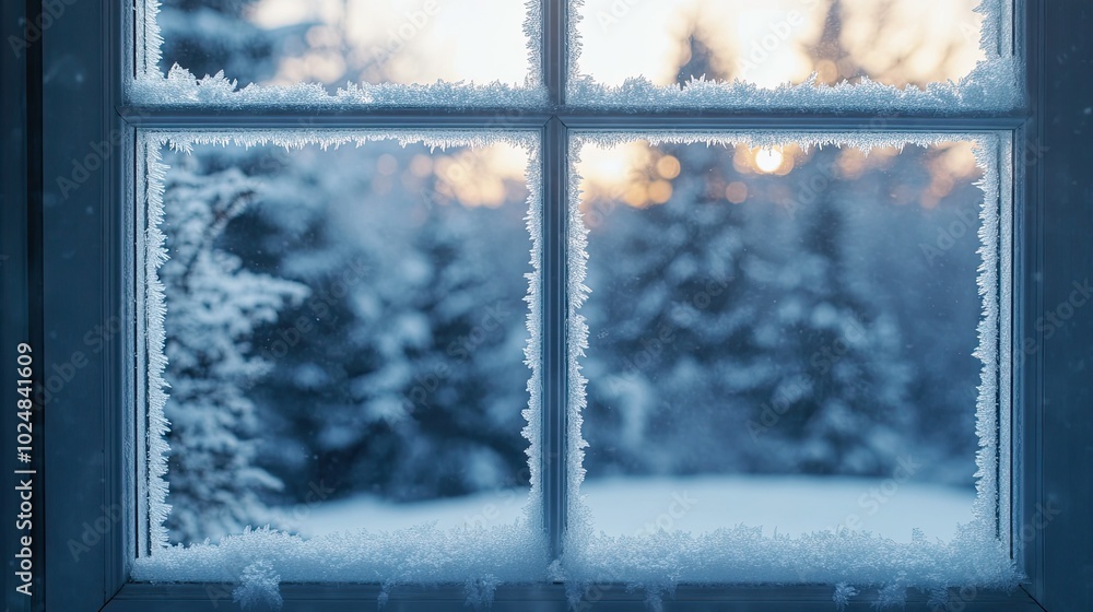 Poster close-up of frost-covered window with a view of snowy trees outside, perfect for copy space