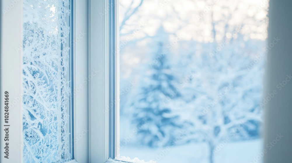 Poster close-up of frost-covered window with a view of snowy trees outside, perfect for copy space