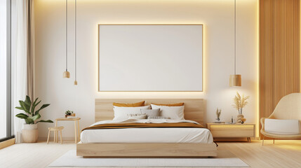 Modern minimalist bedroom design featuring a wooden bed, soft linen textiles, plants, and warm ambient lighting in a bright setting