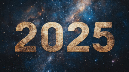 Golden New Year 2025 in space with dark galaxy background