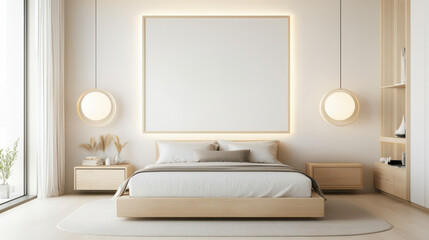 Modern minimalist bedroom featuring a wooden bed, ambient lighting, and natural decor with a blank wall for artwork display