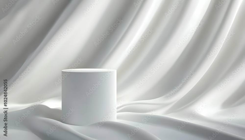 Poster a white cylinder podium sits in front of a backdrop of white fabric, draping down in gentle folds. t