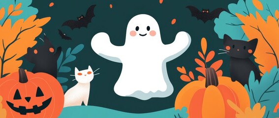 Various Halloween characters, such as pumpkins, ghosts, and black cats, are illustrated against a warm autumnal backdrop.