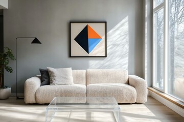 Minimalist, modern japandi interiors in the living room with light gray walls and boucle sofas with art frames hanging. Generative AI
