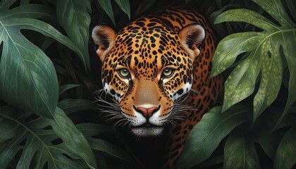 A jaguar peering through lush green foliage, showcasing its striking features.