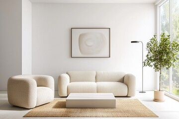 Minimalist, contemporary japandi interiors in the living room with white walls and boucle sofas hanging with art frames. Generatvie AI
