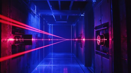 A futuristic corridor illuminated by vibrant red and blue laser beams, creating a striking visual contrast against the dark background.