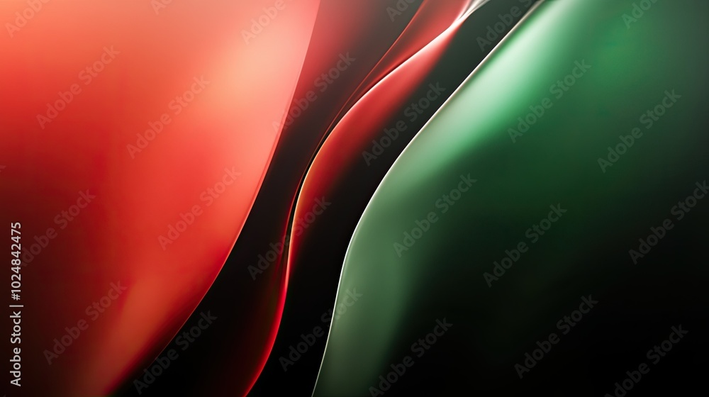 Poster a sleek abstract design in red and green with subtle light and shadow, creating a minimalist yet dyn
