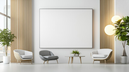 Modern minimalist office with two stylish armchairs, a round table, decorative plants, and a large mockup canvas on the wall