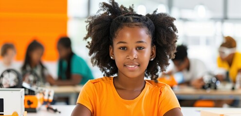 Smiling girl in orange shirt participating in robotics class with diverse group