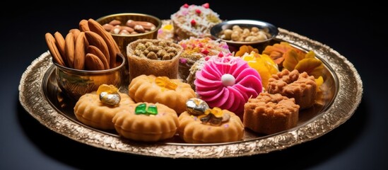 Assortment of Indian Sweets and Snacks on a Golden Platter