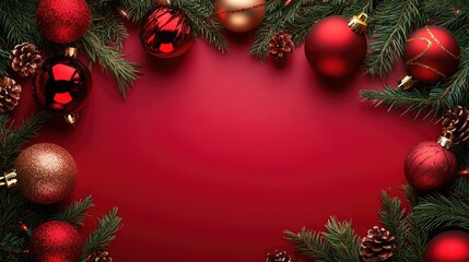 Bold red and green Christmas template with ornaments and fir leaves, featuring a large copy space for holiday greetings.