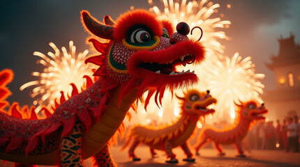 Fototapeta premium Festivities for Lunar New Year unfold as colorful dragon costumes perform energetic dances, accompanied by brilliant fireworks lighting up the night sky, creating a lively celebration
