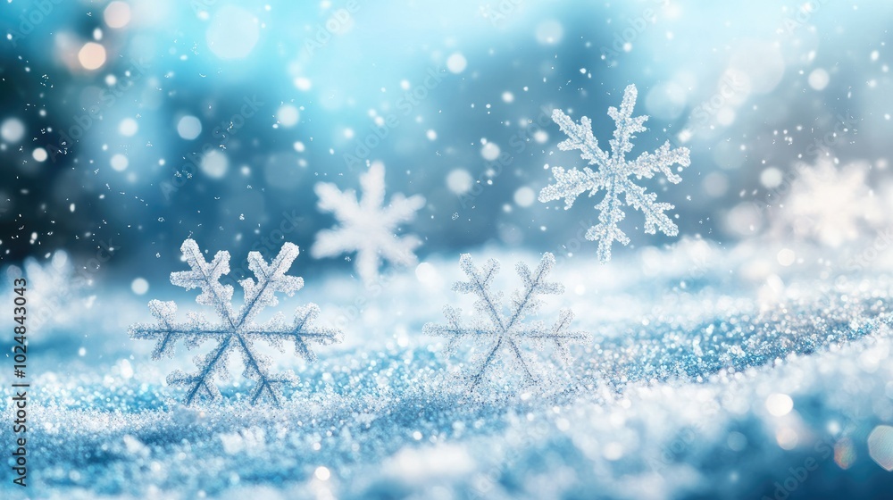 Aufkleber close-up of snowflakes on a frosty surface with blurred background for copy space