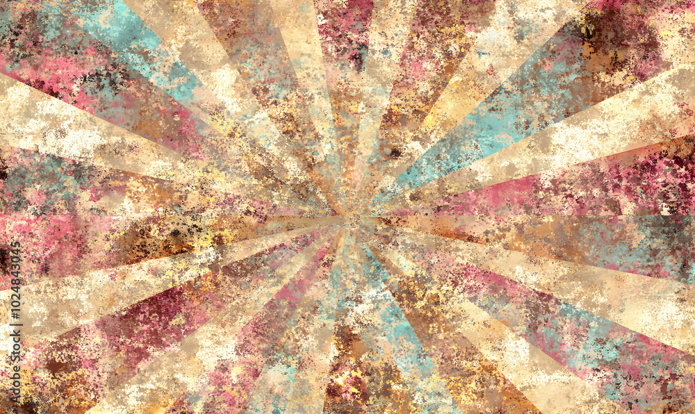 Poster abstract grunge background with a radial pattern in warm and cool colors.