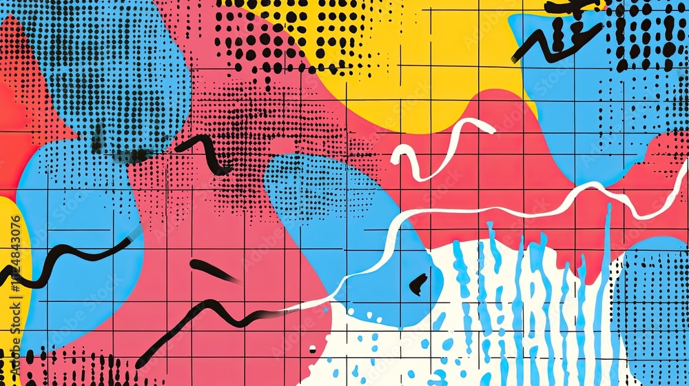 Fototapete classic 90s nostalgia background with colorful grids, squiggly lines, and pop art elements, with amp