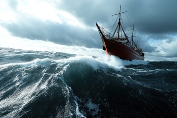 Obraz premium A powerful image capturing a ship navigating through massive ocean waves under stormy skies, depicting strength and resilience against nature's fury.
