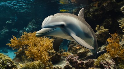 Obraz premium Playful Dolphin Swimming in Vibrant Coral Reef