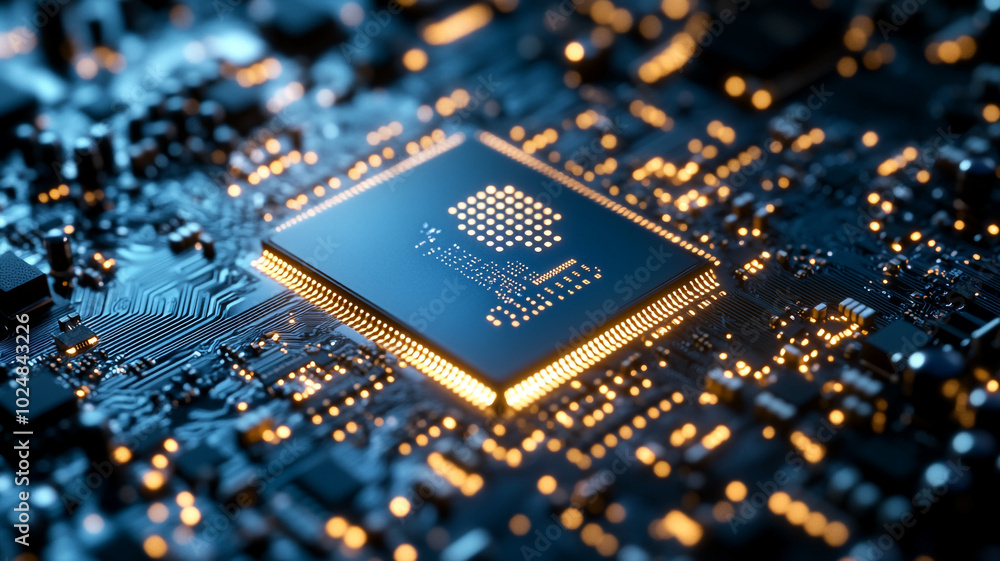Poster close-up view of a sophisticated microprocessor on a circuit board illuminated by blue lights