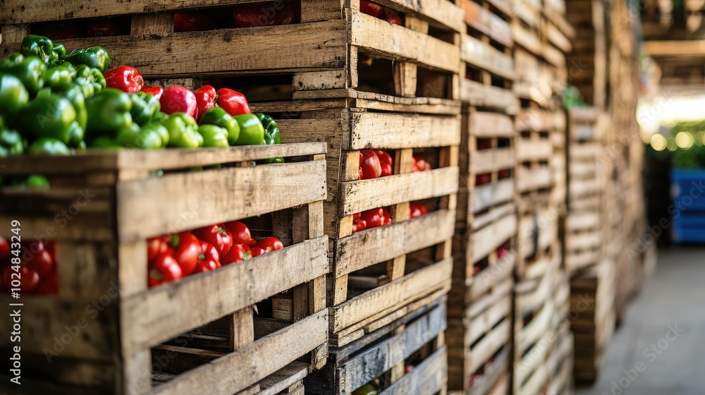 Poster close-up of stacked crates of freshly harvested produce, with blank space around for text or brandin