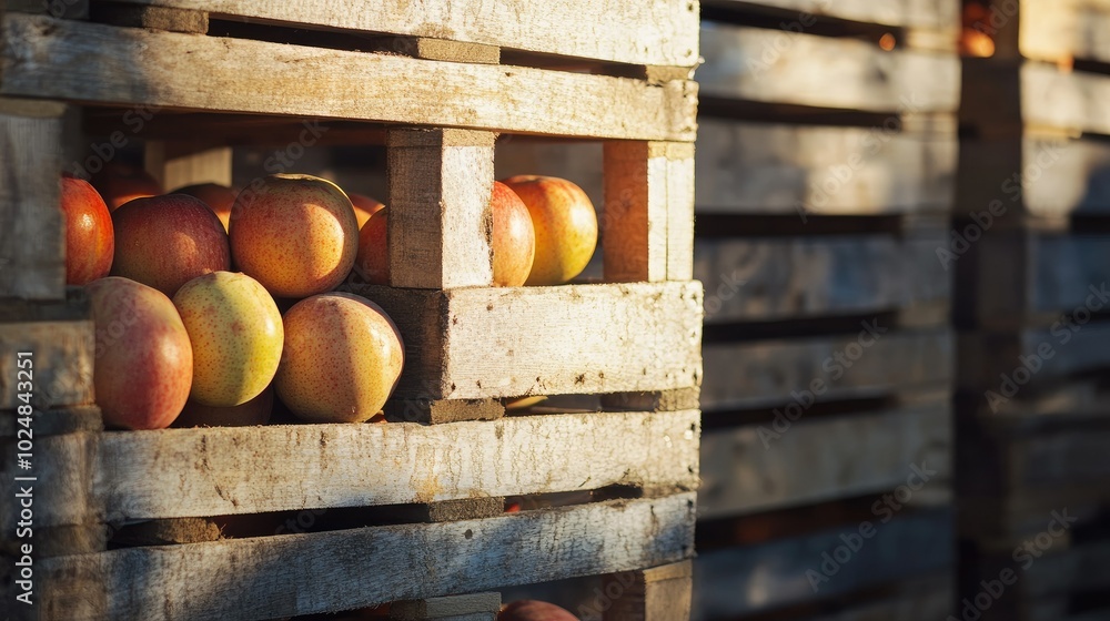 Poster close-up of stacked crates of freshly harvested produce, with blank space around for text or brandin
