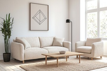 Minimalist, contemporary japandi interiors in the living room with white walls and boucle sofas hanging with art frames. Generatvie AI
