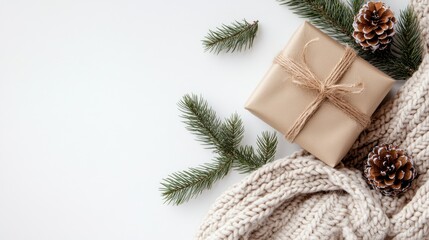 Festive Christmas flat lay with a cozy blanket, gift, pine cones, and fir sprigs on a white background, perfect for seasonal designs.
