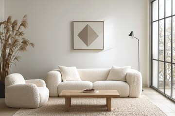 Minimalist, contemporary japandi interiors in the living room with white walls and boucle sofas hanging with art frames. Generatvie AI
