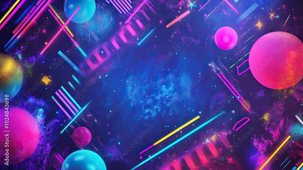 Fototapete nostalgic 90s backdrop featuring abstract patterns, neon lights, and retro elements, with a large ar