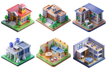 3d render set of Educational Buildings Set isolated on transparent background Cartoon Illustration in plastic style