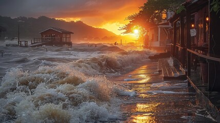 Waves crashing on a waterfront promenade at sunset during a fierce storm in a tropical location. Generative AI