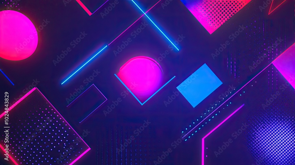 Fototapete retro 90s aesthetic background with neon colors, geometric patterns, and abstract shapes, featuring 