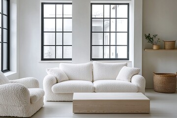 A minimalist, japandi interior in a living room with plaid windows and boucle sofas. Generative AI
