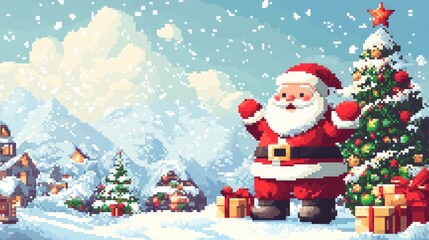 Retro pixelated Christmas design featuring a pixelated Santa, snow-covered landscape, and holiday decorations with a clear space for text.