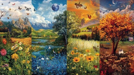Seasonal montage: spring renewal, summer fun, autumn harvest, and winter tranquility, each season highlighted in separate sections.