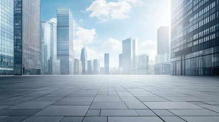 Fototapeta premium Empty street view with tall, sleek skyscrapers and wide open sky for copy space. No people present