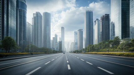Empty street view with tall, sleek skyscrapers and wide open sky for copy space. No people present