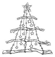 Alternative eco Christmas tree made of wood branches, garland and stars. Winter wall decoration interior. Black and white doodle sketch. Isolated Vector illustration, Coloring.