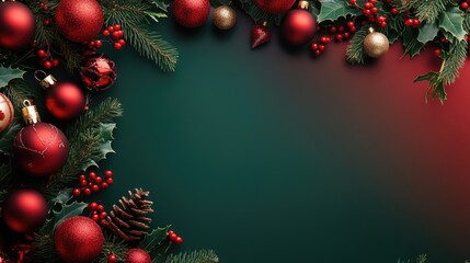 Vibrant red and green holiday template featuring Christmas decorations and open space for personal holiday messages.