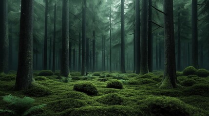 Obraz premium Dense forest with tall, dark trees and lush green moss covering the forest floor, creating a tranquil and mysterious atmosphere.