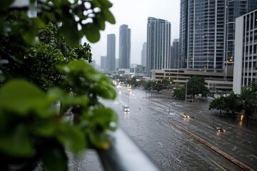 An urban street is heavily flooded due to a rainstorm, with vehicles and buildings partially submerged, highlighting the challenges faced by cities during severe weather.